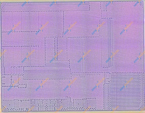 Optical image of a die in purple tones covered in a regular array of bumps with several rectangular blocks