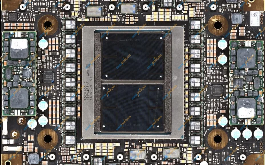 Top-down photograph of a Huawei Ascend 910C accelerator board with two large dies at its centre and rows of components around them